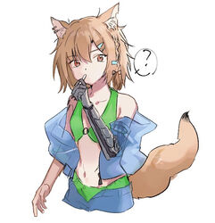  ? animal_ear_fluff animal_ears arknights bare_shoulders bikini bikini_under_clothes braid breasts brown_hair collarbone commentary_request ear_piercing female green_bikini hair_between_eyes hand_up inu_to_milk jacket navel notched_ear o-ring o-ring_bikini o-ring_top off_shoulder open_clothes open_jacket piercing prosthesis prosthetic_arm red_eyes see-through simple_background small_breasts solo spoken_question_mark swimsuit tail vermeil_(arknights) white_background 