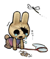  animal_crossing animate_inanimate anthro arthropod better_version_at_source bodily_fluids bottomless broken clothed clothing coco_(animal_crossing) crying dragonfly duo eyeless female gyroid human insects japanese_text lagomorph leporid mammal merafume net nintendo rabbit tears text video_games 