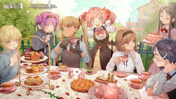  6+girls absurdres ahoge angelica_(gunslinger_girl) apple_pie bad_link black_hair black_hairband blonde_hair blue_eyes bow braid braided_bun brown_hair buttons cake cake_slice carcano_m1891_(girls&#039;_frontline) carcano_m91/38_(girls&#039;_frontline) claes closed_eyes closed_mouth copyright_name creamer_(vessel) crossover cup cupcake day dessert double_bun food french_braid girls&#039;_frontline gloves green_eyes gunslinger_girl hair_bun hair_ornament hair_ribbon hairband henrietta_(gunslinger_girl) highres holding long_hair long_sleeves macaron medium_hair multiple_girls neck_ribbon official_art open_mouth outdoors parted_bangs pie plate purple_hair red_bow ribbon rico_(gunslinger_girl) sandwich scone shirt short_sleeves sitting sponge_cake standing strawberry_cake sugar_bowl sweets swept_bangs table tablecloth tea teacup teapot tiered_tray triela twintails vest white_shirt zuizi 