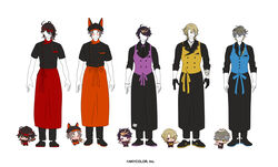  5boys animal_ear_headwear animal_ears apron arm_tattoo black_apron black_gloves black_hair black_shirt blonde_hair blue_necktie blue_vest chibi commentary_request earrings fake_animal_ears food full_body gloves hair_ornament hairclip half_gloves highres holding holding_food ike_eveland jewelry light_brown_hair long_hair long_sleeves luca_kaneshiro luxiem male_focus multicolored_hair multiple_boys mysta_rias necklace necktie nijisanji nijisanji_en official_art orange_apron orange_hair pink_hair purple_vest red_apron red_hair shirt short_hair short_sleeves shu_yamino standing streaked_hair sunglasses sweets_paradise tattoo vest virtual_youtuber vox_akuma white_background white_gloves yellow_vest 