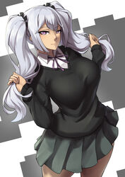  2021 black_sweater breasts commission d-frag! dutch_angle female grey_hair hand_in_own_hair hands_in_hair highres holding holding_own_hair large_breasts long_hair looking_at_viewer packge pleated_skirt sakai_tama school_uniform shirt skirt smile solo sweater twintails v-neck white_shirt 