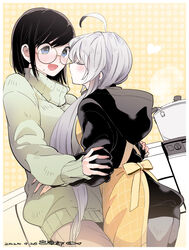  2girls ahoge apron black_hair black_hoodie blue_eyes blush brown_pants chiyo_kozuka closed_eyes commentary_request cooking_pot cowboy_shot dated earrings face-to-face facing_another from_side glasses green_sweater grey_hair grey_pants hair_over_shoulder hands_on_another&#039;s_arms hands_on_another&#039;s_hips heart highres hood hood_down hoodie ichido_dake_demo_koukai_shitemasu imminent_kiss indoors jewelry kitchen long_hair long_sleeves looking_at_another miyahara_miyako multiple_girls open_mouth pants polka_dot polka_dot_background ritsuka_hara round_eyewear short_hair sidelocks signature smoke standing stove sweat sweater swept_bangs very_long_hair yuri 