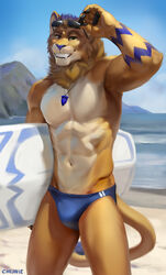  2020 abs adobe_photoshop_(artwork) anthro athletic beach biceps blue_nose blue_stripes bulge chunie clothed clothing detailed_background dexterlion digital_media_(artwork) digital_painting_(artwork) felid fur hi_res lion looking_at_viewer male mammal mane muscular muscular_anthro muscular_male orange_body orange_fur outside pantherine pecs seaside skimpy sky slim smile solo speedo standing stripes surfboard swimwear topless vehicle water watercraft white_body white_fur 