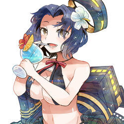  bikini black_bikini breasts brown_eyes cleavage collarbone cup drink drinking_glass drinking_straw female flower hair_flower hair_ornament halo holding holding_cup itomugi-kun kantai_collection large_breasts machinery mechanical_halo mole mole_under_eye official_alternate_costume open_mouth purple_hair rigging short_hair simple_background smile solo swimsuit tatsuta_(kancolle) tatsuta_(swimsuit_mode)_(kancolle) upper_body white_background white_flower 