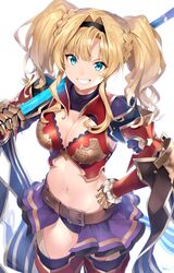  absurdres armor armored_dress belt bikini_armor black_hairband black_panties blonde_hair blue_eyes breasts brown_belt cleavage female gauntlets granblue_fantasy grin hairband hand_on_own_hip highres holding holding_staff medium_breasts midriff navel nezumidoshi panties purple_skirt short_hair showgirl_skirt simple_background skirt smile solo staff teeth thighhighs twintails underwear white_background zeta_(granblue_fantasy) 