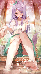  1boy ;d absurdres animal_ears ass bare_legs barefoot blush clothes_between_thighs collarbone convenient_skirt feet female green_skirt highres holding_hands horse_ears horse_girl horse_tail long_hair looking_at_viewer mejiro_mcqueen_(umamusume) nyorotono_(amafurashi) off-shoulder_shirt off_shoulder one_eye_closed pov pov_hands purple_eyes purple_hair shirt skirt smile soles splashing swept_bangs tail tears thighs toes trainer_(umamusume) umamusume very_long_hair 