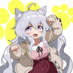  ahoge alternate_hairstyle animal_ear_fluff animal_ears black_ribbon cardigan cat_ears chupirinko commentary female grey_cardigan grey_hair highres kemonomimi_mode long_hair long_sleeves looking_at_viewer medium_skirt neck_ribbon oerba_yun_fang open_cardigan open_clothes open_mouth paw_pose paw_print pink_shirt purple_eyes purple_skirt ribbon senki_zesshou_symphogear senki_zesshou_symphogear_xd_unlimited shirt skirt solo standing very_long_hair yukine_chris yukine_chris_(another) 