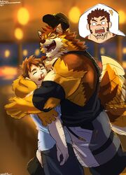  absurd_res akashi_(live_a_hero) anime_nosebleed anthro anthro_penetrating anthro_penetrating_human barrel_(live_a_hero) blood blush bodily_fluids bottomwear brown_body brown_fur brown_hair canid canine canis closed_eyes clothing countershading duo fur hair hat headgear headwear hi_res hug human human_on_anthro human_penetrated interspecies larger_anthro lifewonders live_a_hero male male/male male_operator mammal multicolored_body multicolored_fur muscular muscular_anthro muscular_male nosebleed offscreen_character open_mouth pants penetration protagonist_(live_a_hero) rotsw sex shirt size_difference smaller_human tail tail_motion tailwag tank_top topwear wolf yellow_body yellow_fur 