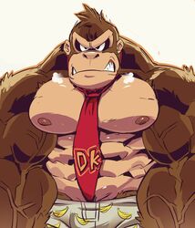  abs angry anthro ape breath brown_body brown_fur clenched_teeth clothed clothing donkey_kong_(character) donkey_kong_(series) fur haplorhine hi_res male mammal muscular muscular_anthro muscular_male necktie nintendo nipples pecs primate simple_background solo teeth text_on_necktie thymilph topless vein 