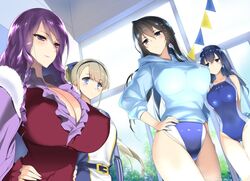  4girls belt belt_buckle black_hair blonde_hair blue_eyes blue_hair blunt_bangs blush braid breasts buckle character_request cleavage closed_mouth commentary_request competition_swimsuit drill_hair from_below fur_trim hair_between_eyes hair_ornament hairband hands_on_own_hips highleg highleg_swimsuit hima hood hood_down huge_breasts indoors kishikawa_meru large_breasts lips long_hair long_sleeves looking_at_another looking_away multiple_girls novel_illustration official_art one-piece_swimsuit onee-san_sensei_wa_danshikousei_ni_ezukeshitai. open_clothes pennant ponytail purple_eyes purple_hair shiny_swimsuit smile standing swimsuit thighs tree very_long_hair wavy_hair window 