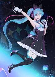  39_music_(vocaloid) :d absurdres armpits bad_id bad_twitter_id black_bow black_dress black_thighhighs blue_eyes blue_hair blue_necktie bow dress female gloves hairbow hand_up hatsune_miku headphones heart high_heels highres holding holding_microphone looking_at_viewer magical_mirai_(vocaloid) magical_mirai_miku magical_mirai_miku_(2016) microphone necktie one_eye_closed open_mouth oyabuli planetary_ring round_teeth smile solo space string string_of_fate teeth thighhighs twintails upper_teeth_only vocaloid white_gloves 