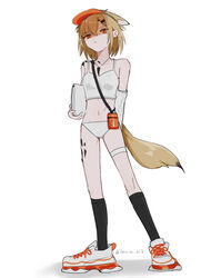  animal_ears arknights bare_shoulders black_socks blonde_hair breasts camisole collarbone commentary_request female full_body hair_between_eyes hair_ornament hairclip hat highres inu_to_milk kneehighs looking_at_viewer material_growth navel orange_hat oripathy_lesion_(arknights) panties parted_lips red_eyes shadow shoes simple_background small_breasts socks solo standing tail twitter_username underwear underwear_only vermeil_(arknights) visor_cap white_background white_camisole white_footwear white_panties 