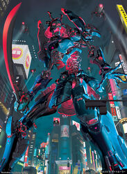  armor artist_name city commentary copyright_name drone gashadokuro_(gate_ruler) gate_ruler helmet highres holding holding_sword holding_weapon japanese_armor kabuto_(helmet) looking_up mecha no_humans official_art open_hand open_mouth red_eyes robot science_fiction searchlight skull sword weapon yu_cheng_hong 