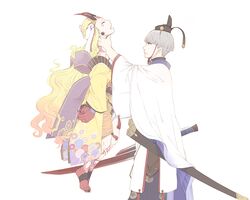  1boy blonde_hair cape fate/grand_order fate_(series) female grey_hair hat horns ibaraki_douji_(fate) japanese_clothes kimono long_hair neck_lift oni_horns osanai_satoru sheath sword watanabe_no_tsuna_(fate) weapon white_background wide_sleeves 