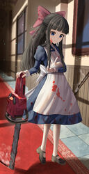  absurdres animal apron aya_drevis black_hair blood blood_on_clothes blood_on_face blue_dress blue_eyes blunt_bangs bow carrying chainsaw dress female full_body hairbow half_updo hallway highres holding holding_animal holding_chainsaw long_hair long_sleeves mad_father mary_janes medium_dress pantyhose pink_bow puffy_sleeves rabbit shoes sidelocks silvertsuki smile snowball_(mad_father) solo standing white_apron white_pantyhose 