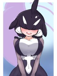  :d black_hair blowhole blush breasts commentary covered_eyes covered_navel darus5 dress facing_viewer female fins frills hair_over_eyes head_fins head_tilt highres impossible_clothes impossible_dress kemono_friends large_breasts long_sleeves medium_hair multicolored_hair open_mouth orca_(kemono_friends) smile solo teeth two-tone_hair upper_teeth_only v_arms white_hair 