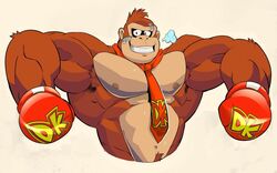  ape bandaid boxer boxing_gloves breath brown_fur donkey_kong donkey_kong_(series) gay gorilla looking_at_viewer male male_only muscular muscular_arms muscular_male nintendo nude punch_out smiling solo sweat sweating thy_carker thymilph tie 