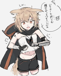  animal_ears arknights bandaged_arm bandages bare_shoulders black_cape black_gloves black_shorts brown_eyes brown_hair cape commentary_request crop_top cropped_legs ear_piercing female fingerless_gloves gloves grey_background groin highres hood hood_down hooded_cape inu_to_milk midriff navel notched_ear oerba_yun_fang open_mouth piercing prosthesis prosthetic_arm shirt short_shorts shorts simple_background solo tail translation_request vermeil_(arknights) white_shirt 