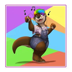  1:1 2021 4_toes absurd_res anthro barefoot border brown_body brown_fur claws clothed clothing countershade_feet countershading feet fully_clothed fur green_eyes hair hi_res holding_object lgbt_pride light lighting louart mammal multicolored_hair musical_note mustelid open_mouth open_smile otter overalls paws plantigrade pride_color_hair pride_colors rainbow_hair rainbow_pride_colors shaded signature six-stripe_rainbow_pride_colors smile solo tail toes white_border 