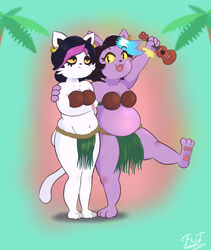  accessory anthro belly big_belly big_breasts black_hair breasts catti_(deltarune) catty_(undertale) clothed clothing coconut_bra deltarune domestic_cat duo ear_piercing fantharubi feet felid feline felis female fur grass_skirt hair hawaiian hi_res lute mammal musical_instrument open_mouth overweight overweight_female palm_tree piercing plant plucked_string_instrument purple_body purple_fur sibling_(lore) sister_(lore) sisters_(lore) smile string_instrument thick_thighs toes tree ukulele undertale undertale_(series) white_body white_fur 