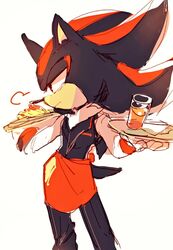  anthro beverage black_body black_fur black_nose clothed clothing eulipotyphlan food fur hedgehog holding_object male mammal plate red_body red_eyes red_fur sega serving serving_beverage serving_food shadow_the_hedgehog simple_background solo sonic_the_hedgehog_(series) waiter weon1119 