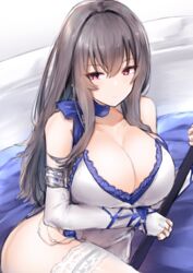  azur_lane bad_id bad_pixiv_id bare_shoulders blue_scarf breasts cleavage commission dress elbow_gloves evening_gown female fingerless_gloves gloves grey_hair highres kousi_sirazawa large_breasts long_hair lying mole mole_on_body official_alternate_costume on_side pixiv_commission purple_eyes saint-louis_(azur_lane) saint-louis_(holy_knight&#039;s_resplendence)_(azur_lane) scarf sleeveless sleeveless_dress solo thighhighs white_dress white_thighhighs 