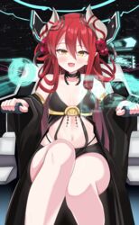  absurdres aventador bad_id bad_pixiv_id black_skirt blush breasts choker commentary_request detached_sleeves divine_arsenal_aa-zeus_-_sky_thunder duel_monster female highres holographic_interface horns long_hair long_sleeves looking_at_viewer midriff navel oerba_yun_fang partial_commentary pointy_ears red_hair revealing_clothes shorts sitting skirt sleeveless small_breasts solo thighs traptrix_allomerus yellow_eyes yu-gi-oh! 