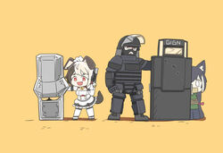  1boy 2girls animal_ears balaclava ballistic_shield bell black_hair blonde_hair bound brown_hair bulletproof_vest chibi collar dog_ears dog_girl dog_tail dress elbow_gloves full_body gagged gloves gun hachiko_of_castling handgun helmet highres hostage karyl_(princess_connect!) last_origin looking_at_viewer maid_headdress montagne_(rainbow_six_siege) multicolored_hair multiple_girls neck_bell oerba_yun_fang open_mouth princess_connect! rainbow_six_siege rope shield simple_background smile tactical_clothes tail thighhighs tied_up_(nonsexual) tungtunggugu two-tone_hair weapon white_gloves white_legwear yellow_background 