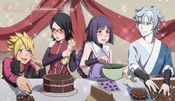  2boys 2girls artist_name benteja black_eyes black_hair blonde_hair blue_eyes blue_hair boruto:_naruto_next_generations cake chocolate commentary cursive english_commentary english_text facial_mark food glasses grin happy_valentine highres kakei_sumire mitsuki_(naruto) multiple_boys multiple_girls naruto_(series) open_mouth red_eyes smile sparkle stirring teeth uchiha_sarada uzumaki_boruto whisker_markings whiskers yellow_eyes 