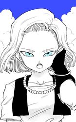  android_18 arm_at_side black_gloves blue_eyes blue_sky blue_theme bracelet breasts cloud cloudy_sky collarbone commentary day dragon_ball dragon_ball_z earrings expressionless eyelashes female floating_hair gloves hand_in_own_hair hand_up highres hoop_earrings jewelry jitome looking_at_viewer medium_breasts monochrome necklace open_mouth outdoors pearl_necklace shirt short_hair short_sleeves sky solo spot_color symbol-only_commentary teeth tkgsize tongue upper_body upper_teeth_only waistcoat 