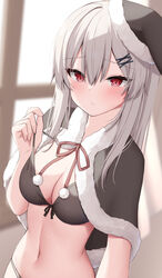  blurry blurry_background blush breasts brown_capelet brown_hat capelet cleavage closed_mouth depth_of_field female fur-trimmed_capelet fur_trim grey_hair hair_ornament hairclip hand_up hat highres kamu_(geeenius) long_hair looking_at_viewer medium_breasts navel neck_ribbon original red_ribbon ribbon santa_hat solo x_hair_ornament yami-chan_(kamu_(geeenius)) 