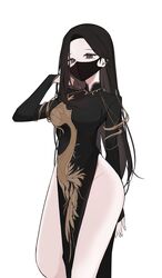  ban_mumani black_eyes black_mask china_dress chinese_clothes dress female gold_trim groin hand_up highres long_hair long_sleeves looking_at_viewer lost_ark mask mole mole_under_eye mouth_mask side_slit simple_background solo very_long_hair white_background 