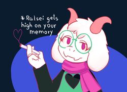  anthro bovid caprine deltarune drugs english_text eyewear furufoo glasses goat heart_formation heart_symbol hi_res horn male mammal marijuana mario_smoking_weed ralsei ralsei_smoking_blunt red_eyes smoke smoke_heart smoking solo text undertale_(series) 