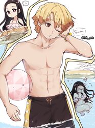  ... 1boy agatsuma_zenitsu ball beachball bikini black_hair blonde_hair female highres innertube kamado_nezuko kimetsu_no_yaiba korean_text long_hair male_focus male_swimwear midriff multicolored_hair muscular muscular_male navel one_eye_closed pink_eyes pori_(kmt_pori) ribbon short_hair swim_ring swim_trunks swimsuit third-party_source toned toned_male topless_male twitter_username two-tone_hair underwater 