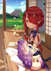  canine commentary cup feline female floral_print ground_vehicle hoozuki_warabe horns japanese_clothes kimono motor_vehicle mountain mountainous_horizon noripro official_art oni oni_horns outdoors pointy_ears poster_(object) red_hair sandals sandals_removed shouji sky sliding_doors socks tree truck virtual_youtuber yasuyuki yellow_eyes 