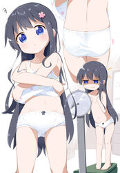  ass bangs bare_shoulders black_bow black_hair blue_eyes bow bow_panties clothes_removed commentary_request dress eyebrows_visible_through_hair female flower gloom_(expression) hair_flower hair_ornament highres light_blush long_hair makuran multiple_views panties polka_dot polka_dot_dress shirosaki_hana solo underwear undressing very_long_hair watashi_ni_tenshi_ga_maiorita! weighing_scale white_panties 