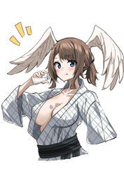  aotsuba blue_eyes breast_tattoo breasts brown_hair covered_nipples eunie_(xenoblade) female head_wings highres large_breasts medium_hair simple_background solo tattoo white_background white_wings wings xenoblade_chronicles_(series) xenoblade_chronicles_3 