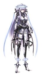  blue_eyes bodysuit breasts closed_mouth codename:_bakery_girl female full_body halo haonfest highres jefuty_(bakery_girl) light_purple_hair long_hair looking_at_viewer machine mecha_musume mechanical_arms mechanical_legs medium_breasts prosthesis prosthetic_leg prototype_design solo standing white_background white_bodysuit 