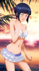  1girls bare_shoulders bikini blush breasts cleavage female female_only hyuuga_hinata hyuuga_hinata(genin) miniskirt naruto naruto_(classic) ocean purple_hair short_hair shugo19 skirt solo sunset swimsuit violet_eyes water younger_female 