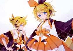  1boy bad_id bad_twitter_id black_bow black_jacket black_sleeves blonde_hair blue_eyes bow commentary cowboy_shot female grin hair_ornament hairbow hairclip hand_on_own_chin headphones headset highres jacket japanese_clothes kagamine_len kagamine_rin kimono magical_mirai_(vocaloid) magical_mirai_len magical_mirai_len_(2020_summer) magical_mirai_rin magical_mirai_rin_(2020_summer) open_mouth orange_bow orange_skirt shirt short_ponytail sitting skirt smile spiked_hair standing two-tone_bow ui+ vocaloid white_shirt yukata 