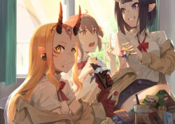  3girls black_skirt blazer blonde_hair bow brown_eyes brown_hair brown_jacket bubble_tea candy chocolate chocolate_bar closed_mouth collared_shirt commentary cup curtains disposable_cup drinking_straw eating eyebrows_hidden_by_hair facial_mark fang_out fate/grand_order fate_(series) food food_on_face forehead_mark fujimaru_ritsuka_(female) grin hair_between_eyes highres holding holding_candy holding_food holding_lollipop horns ibaraki_douji_(fate) indoors jacket jhc_kai lollipop multiple_girls oerba_yun_fang off_shoulder oni open_clothes open_jacket open_mouth orange_eyes purple_eyes purple_hair red_bow saint_quartz_(fate) school_uniform shirt short_eyebrows short_sleeves shuten_douji_(fate) skin-covered_horns skirt smile thick_eyebrows v-shaped_eyebrows white_shirt window 