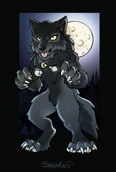  2021 anthro black_body black_fur canid canine canis detailed_background digital_media_(artwork) fur male mammal moon mythological_canine mythological_creature mythology night outside shalinka sky smile solo star starry_sky were werecanid werecanine werewolf wolf 