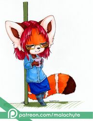  2017 ailurid anthro beverage biped black_markings black_nose blue_bottomwear blue_clothing blue_skirt bottomwear cardigan chibi closed_eyes closed_smile clothed clothing container cup dipstick_tail eyebrows eyewear female front_view glasses hair holding_beverage holding_container holding_cup holding_mug holding_object kazu leaning leaning_backward legwear malachyte mammal markings mouth_closed mug orange_body pattern_clothing pattern_legwear pattern_stockings red_hair red_panda ring_(marking) ringed_tail short_hair simple_background skirt smile solo standing stockings striped_clothing striped_legwear striped_markings striped_stockings striped_tail stripes tail tail_markings white_background white_ears white_markings 