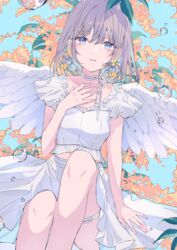  \||/ angel_wings blue_eyes blue_hair blush bob_cut bubble choppy_bangs colored_inner_hair commentary convenient_leg dutch_angle earrings feathered_wings feet_out_of_frame female floral_background flower_earrings gold_osmanthus grey_hair hair_between_eyes hand_on_own_chest hand_up highres jewelry knee_up legs_together long_bangs looking_at_viewer low-cut medium_hair miniskirt motimoti067 multicolored_hair neck_ribbon original osmanthus parted_lips ribbon shirt short_sleeves skirt solo thigh_strap water_drop white_shirt white_skirt white_wings wings 