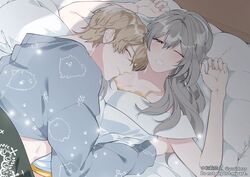  1boy blonde_hair blue_shirt blush bra breasts closed_eyes closed_mouth couple cuddling dress female gepard_landau grey_hair honkai:_star_rail honkai_(series) long_hair long_sleeves on_bed one_eye_closed parted_lips pillow shirt short_hair stelle_(honkai:_star_rail) straight teeth trailblazer_(honkai:_star_rail) underwear white_dress yellow_bra yellow_eyes yoridazo 