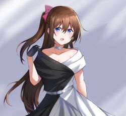  bare_shoulders black_dress black_gloves blue_eyes bow breasts brown_hair chamkawa7 choker cleavage collarbone dress evening_gown female gloves hair_between_eyes hairbow half_updo highres jewelry lace lace_gloves long_hair love_live! love_live!_nijigasaki_high_school_idol_club multicolored_clothes necklace off-shoulder_dress off_shoulder osaka_shizuku ponytail red_bow sidelocks sleeveless sleeveless_dress solitude_rain_(love_live!) solo two-tone_dress upper_body white_bow white_dress 