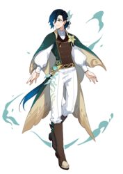  1boy alternate_costume black_hair blue_hair boots cape closed_mouth collared_cape collared_shirt english_commentary feather_hair_ornament feathers flower full_body genshin_impact gradient_hair green_eyes hair_ornament long_hair long_sleeves looking_to_the_side male_focus multicolored_hair shihoran shirt shoes simple_background smile solo venti_(genshin_impact) vision_(genshin_impact) white_background white_shirt yellow_flower 