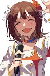  absurdres amami_haruka arm_up brown_hair buttons closed_eyes commentary female flower hair_flower hair_ornament hair_ribbon hano9789 highres holding holding_microphone idolmaster idolmaster_(classic) microphone open_mouth red_flower ribbon shaded_face shirt short_hair simple_background smile solo starpiece_memories_(idolmaster) sweat upper_body waving white_background white_ribbon white_shirt 