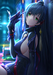  absurdres against_wall ahoge black_dress black_hair blurry blurry_background breasts dress expressionless female green_eyes hair_ornament highres holding holding_mask lin_(tower_of_fantasy) long_hair looking_at_viewer mask medium_breasts mole mole_under_eye outdoors royboy sideboob sitting solo tower_of_fantasy 