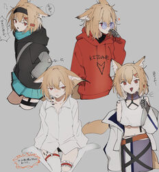  :d alternate_costume animal_ear_fluff animal_ears arknights asymmetrical_legwear bespectacled black_hairband black_jacket black_panties blue_skirt brown_hair clothes_writing collarbone collared_shirt commentary_request cosplay crop_top drawstring dress_shirt ear_piercing female glasses grey_background hair_between_eyes hairband highres hood hood_down hooded_jacket hoodie inu_to_milk jacket long_sleeves midriff multiple_views myrtle_(arknights) myrtle_(arknights)_(cosplay) navel notched_ear oerba_yun_fang off_shoulder open_clothes open_jacket panties piercing pleated_skirt prosthesis prosthetic_arm puffy_long_sleeves puffy_sleeves purple_skirt red_eyes red_hoodie round_eyewear shirt simple_background sitting skirt sleeves_past_fingers sleeves_past_wrists smile tail tank_top thigh_strap thighhighs translation_request underwear vermeil_(arknights) wariza white_jacket white_shirt white_tank_top white_thighhighs 